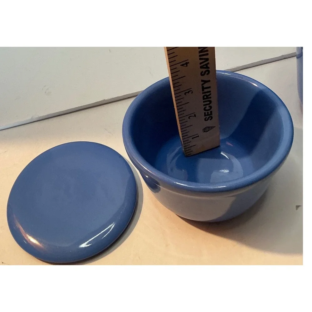 Vintage Blue Ceramic Pitcher and Lidded Bowls Set Kitchenware 3pc